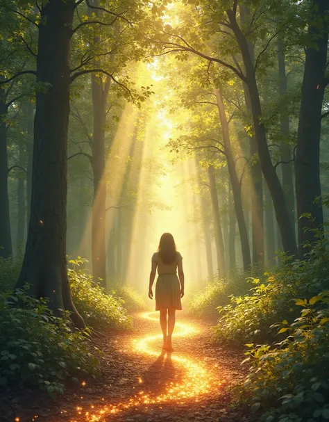 "A bright forest path with leaves gently falling, and a person walking confidently, leaving a glowing trail behind, symbolizing leaving a positive mark on the world."