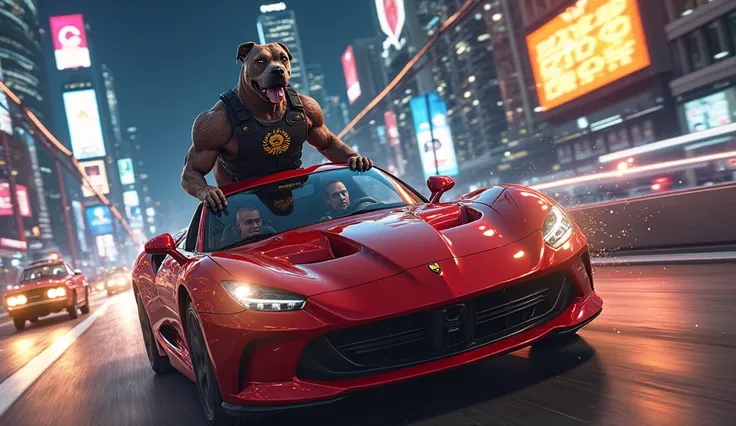 "Create a highly detailed cinematic scene of an intense car chase on a bustling city highway at nighttime. In the driver’s seat of a sleek red sports car sits Viper, an anthropomorphic Cobra with the upper body of a muscular human covered in glossy black s...