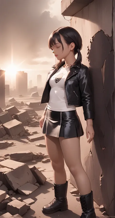 High resolution,  masterpiece, curvy (((unconscious))), leather jacket, leather skirt, dark skin, twinstails, rubble, closed eyes