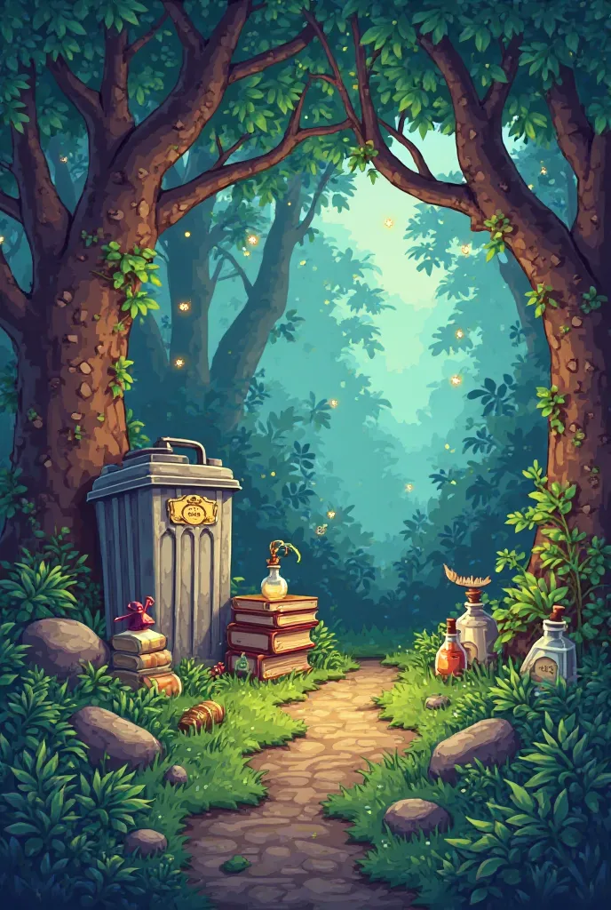 Create a pixel magical forest with trash can, books and potions make it big