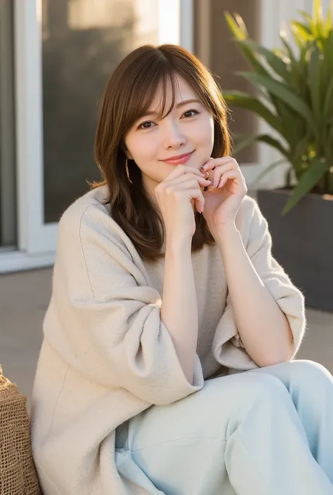 A Japanese wife、is wearing a blanket and drinking coffee on a lakeside cottage bench where the sunset shines in、  long hair、bangs、has a gentle and gentle smile、The girl's clothes are T-shirts、emphasizes breast fullness、  beautiful feet、high definition, Alo...