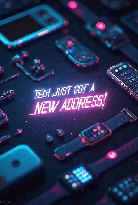 Generate a 5-second vertical video opening with fast-paced, glowing electronics (earphones, smartwatches, phone cases) against a dark background. Add flashy text: 'Tech Just Got a New Address!' with a glitch transition. Sync to upbeat electronic music (roy...