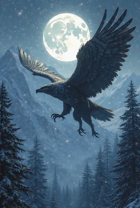 "A mythical beast combining the agility of an eagle with the power of a wolf. It has a muscular wolf-like body but with massive eagle wings extending from its back. Its sharp beak and talons shine under the moonlight. The creature is soaring high above sno...