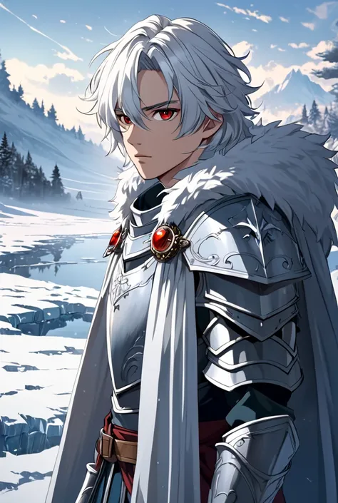 White-haired, red-eyed young man wearing medieval winter armor with anime-style cape 