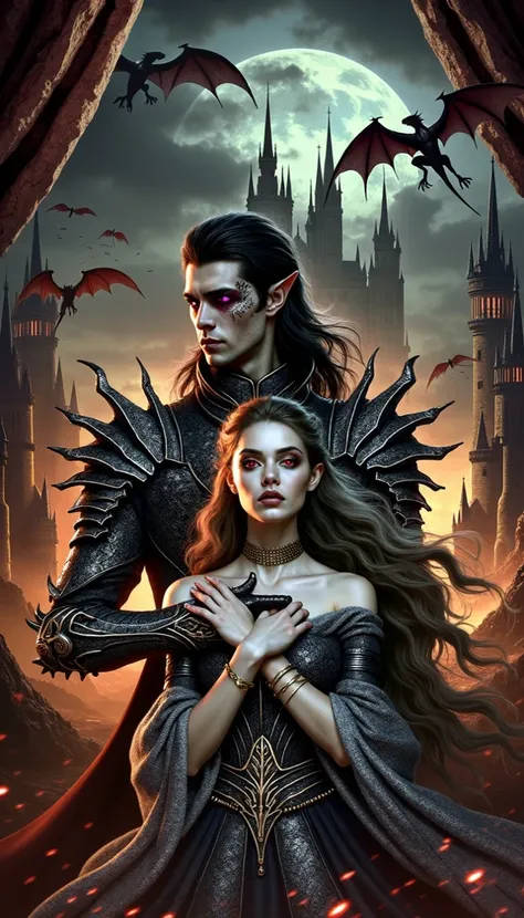  Cover Composition . The title must be written "Dragon Slave" in large, gothic letters and below the name of the saga "Fire and shadows" foreground: Lyria  y Vaelkar son los protagonistas visuales. Lyria : A young woman with loose blond hair, with a defian...