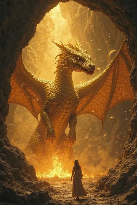 Scene 5: encounter with the Golden Dragon
The sound of heavy breathing sounds from the dark corners of the cave
— A gigantic shadow moves, a pair of golden eyes open in the darkness
— "What are you doing here? Human?" loud noises reverberate throughout the...