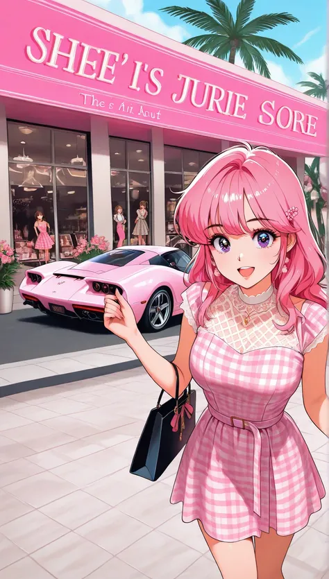 Make another scene with the same style, Barbie is now outside the perfume store,  now she's holding the bag from the perfume store , she is about to get in the car, her car is a C1 Corvette , pink with white, C1 Corvette ,  she's wearing a pink and white p...