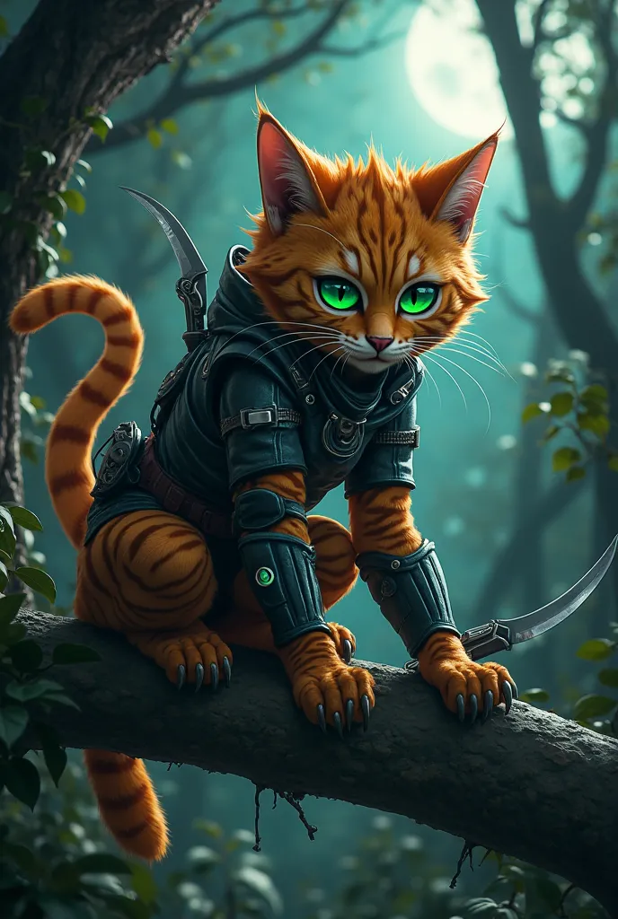 
"A sleek and deadly orange fluffy cat  assassin, Shadow Zoey is draped in tight, dark combat armor with silver patterns resembling tiger stripes. Her emerald-green eyes glow in the darkness, and her sharp claws are coated in a faint, mysterious blue light...