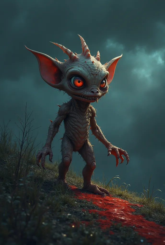 On a hill at night, a baby, with one eye bigger than the other, a big mouth, with many sharp fangs, claws, long and pointed ears,  its body is filled with a red viscosity, leaves traces of that viscosity, long bras and legs



