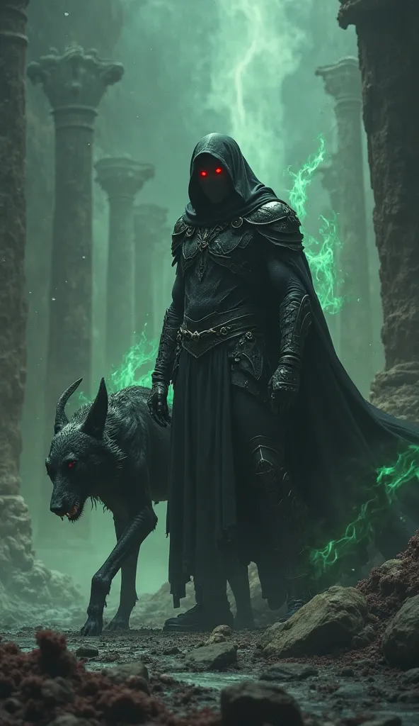 Hades, ruler of the underworld, stands in the midst of a dark, eerie landscape, surrounded by swirling souls of the dead. His piercing red eyes glow beneath his dark, shadowy hood. The three-headed Cerberus stands at his side, growling menacingly. His blac...