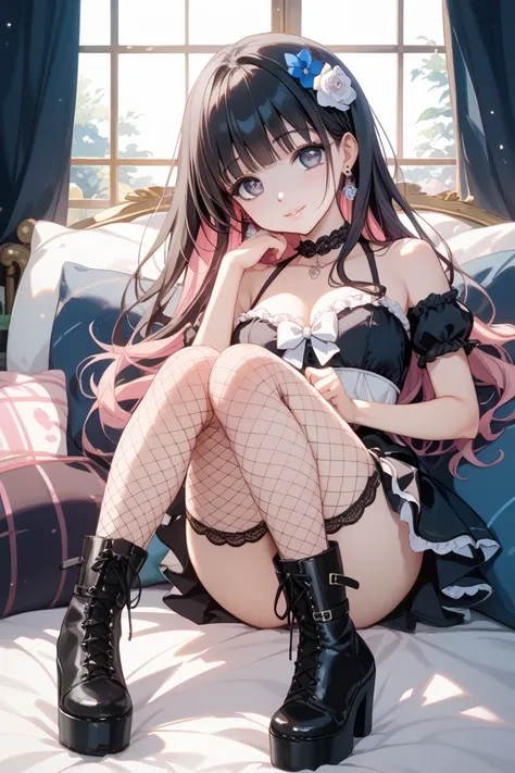 long black hair with gradation of pink tips、Big Eyes and Dark Makeup、Light pink lips、 white skin、Three Sizes 86-60-88、D cup bust、Black ruffle mini dress、 fishnet tights、 platform boots、Lots of Silver Earrings、Younger Landmine Girl、18 years old、Yandere with...