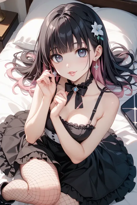 long black hair with gradation of pink tips、Big Eyes and Dark Makeup、Light pink lips、 white skin、Three Sizes 86-60-88、D cup bust、Black ruffle mini dress、 fishnet tights、 platform boots、Lots of Silver Earrings、Younger Landmine Girl、18 years old、Yandere with...