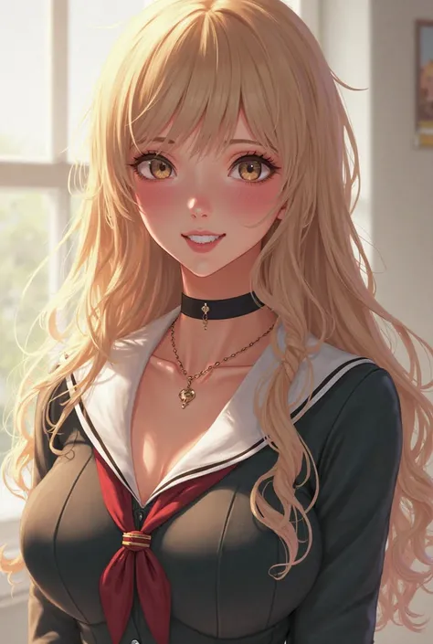 18 year old girl with long blonde hair, wearing a choker and a nice fitting school outfit. Moderately sized breasts, short and petite. A small smile on her face