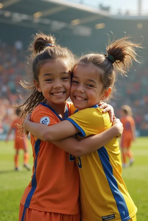 Create an image of two girls hugging each other in the middle of a soccer game, one with an orange uniform and the other with uniform yellow and blue fringes, excited