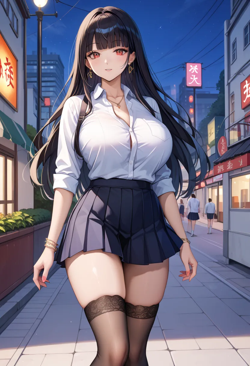 ((masterpiece)), ((top quality made of straw)), (Super Detail), Obscene, Obscene,  Exquisite CG , Unity, 8k, wallpaper, Official Art, 正面にstanding,  jewelry,  micro skirt, knee-high stockings,  shirt, chest, red eyes, bangs,  black hair,  long hair, large c...