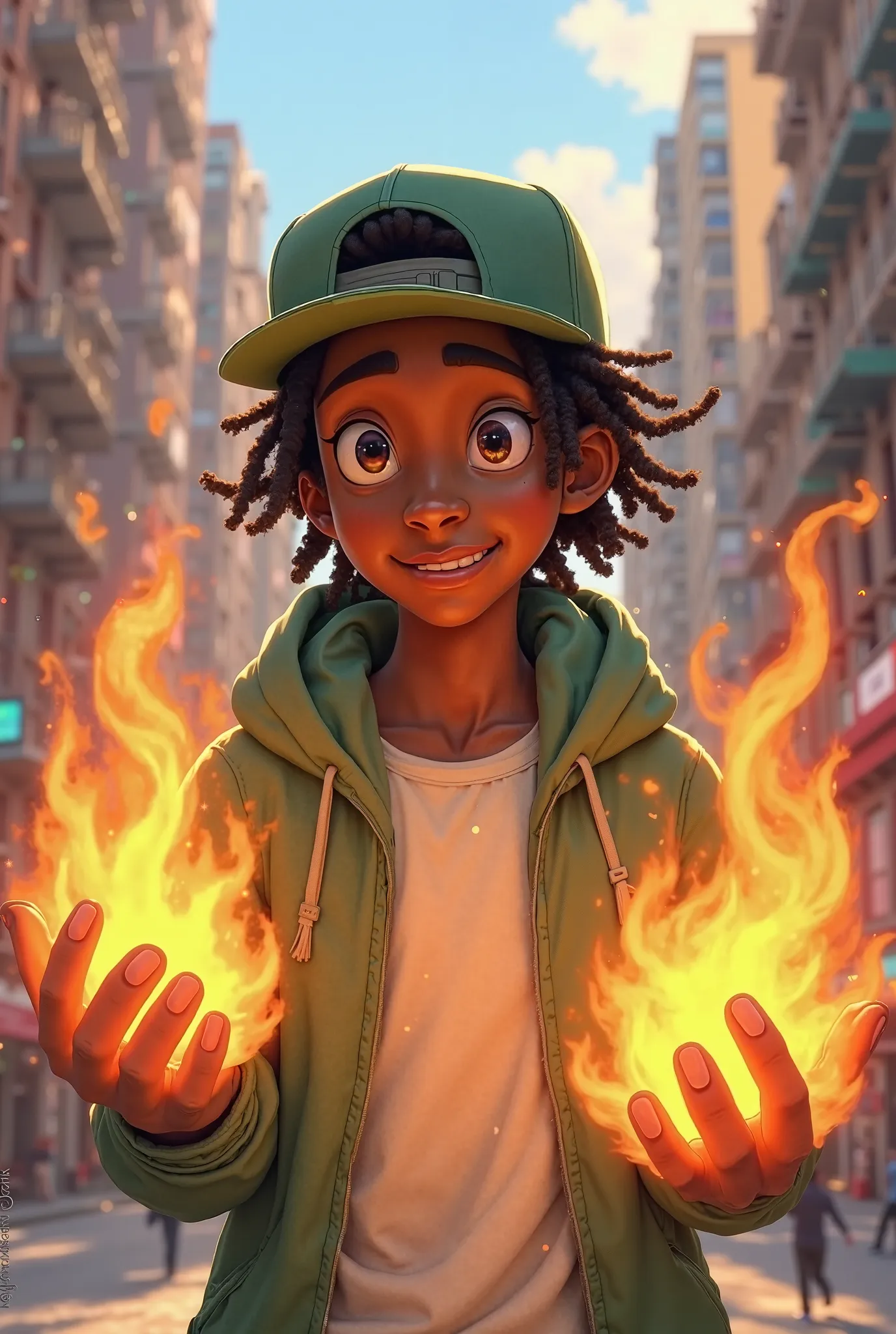 young black male  with shoulder length dreadlocs ,wearing a fitted baseball cap low, white shirt, green open hoodie, urban city, has magical fire powers in his hands, adventurous, pixar inspired