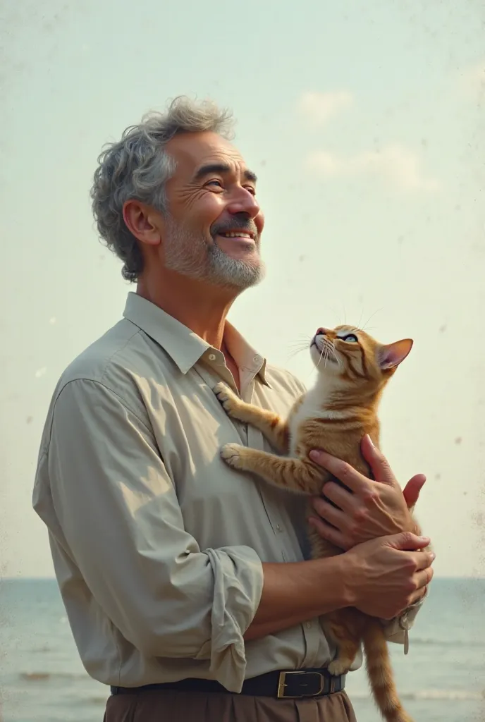 A man holding a cat facing the sky with both hands From the front view