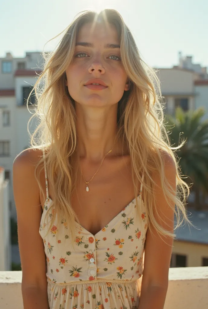 The image is a Self-portrait of 16 y.o Spanish girl with, Pale white skin, straight hair,Middle, With Summer dress on a terrace Sunlight shines directly on it, Aitana taking a Self-portrait. (Self-portrait characteristics: Kodak Portra 400, Kodak Gold 200,...