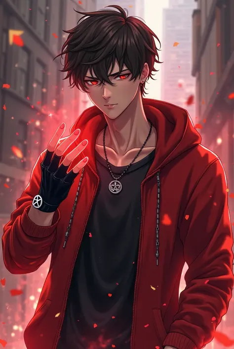 * age: 14
* male,
* height: 4'8
* weight: 55kg
* hair color: brunette 
* Hairstyle: undercut wavy hair,
 
* civilian outfit: A zipped open scarlet hoodie over a black distressed top and a black onyx gemstone necklace and black fingerless gloves with white ...