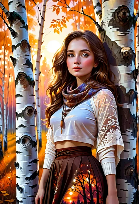   Young Russian Girl ,   Scarlet sunset glowing in the background   , complicated details,   old canvas  , "  girl by the White Birch  " (   space opera epic   ,  Wearing a top and maxi skirt 、 Leaning against the trunk of a birch tree 。 ),   Beautiful gir...