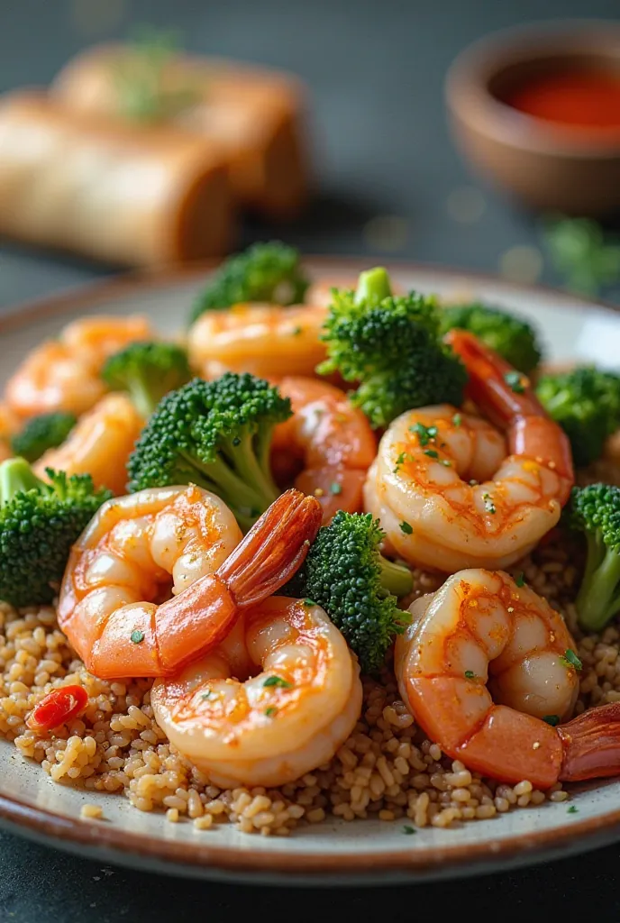 shrimp broccoli fried rice with spring roll