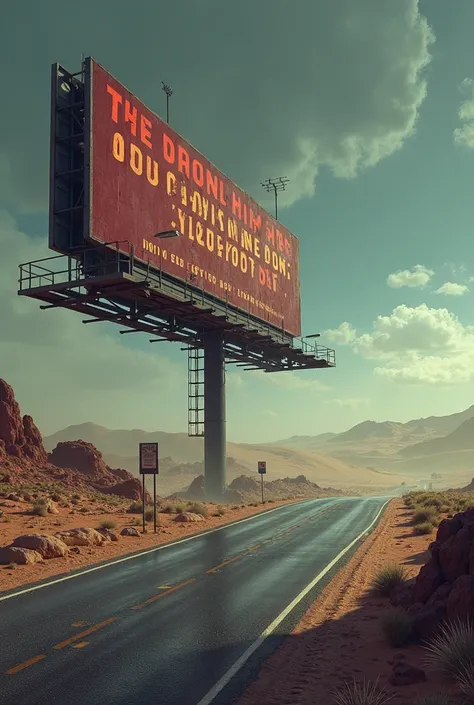 Illustrate a chilling desert scene with a massive billboard on a highway, The message on it reads: "She Played Him For You, Now The Game’s On You. Don’t Cry When You Lose." Make it detailed 