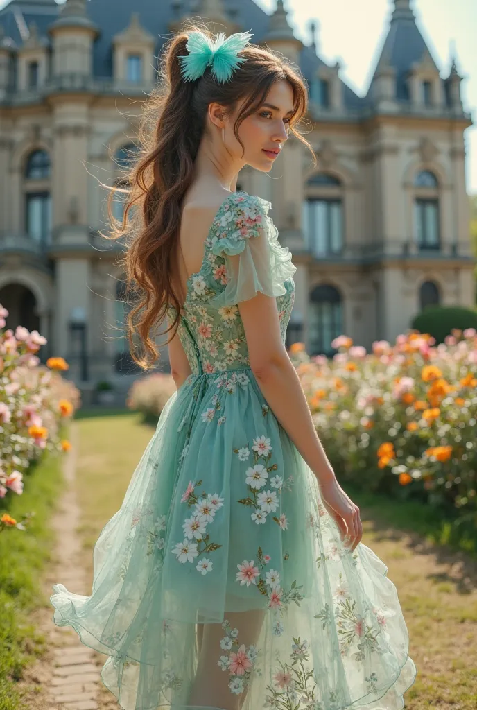 A hyperrealistic image of a stunning woman with her hair elegantly styled in a ponytail, adorned with a fluffy teal butterfly barrette. She is wearing a charming teal and white floral dress that flows gracefully, paired with delicate ballet flats. The back...