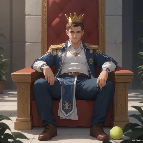 Please emphasize the word Testiny. Mix tennis rackets and tennis balls to create a logo, with a crown on it, and emphasize Testiny early light. Emphasize the feeling of royalty. Look alike art or illust. Style is wood or stone. Logo sits on the throne