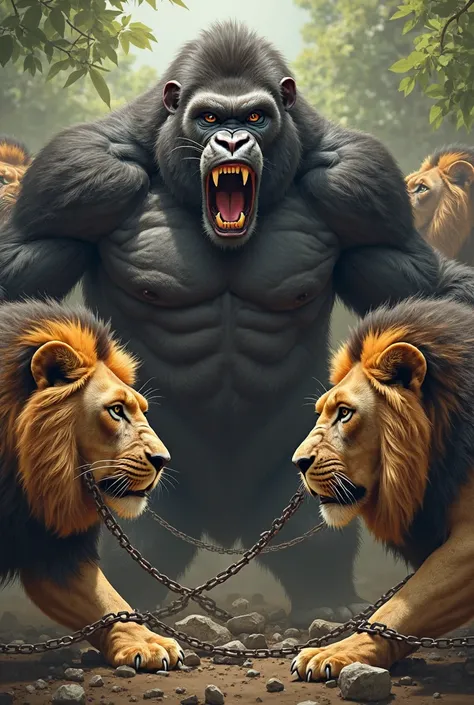 A gang of African monkeys with strong gorilla bodies with lions tied in chains 