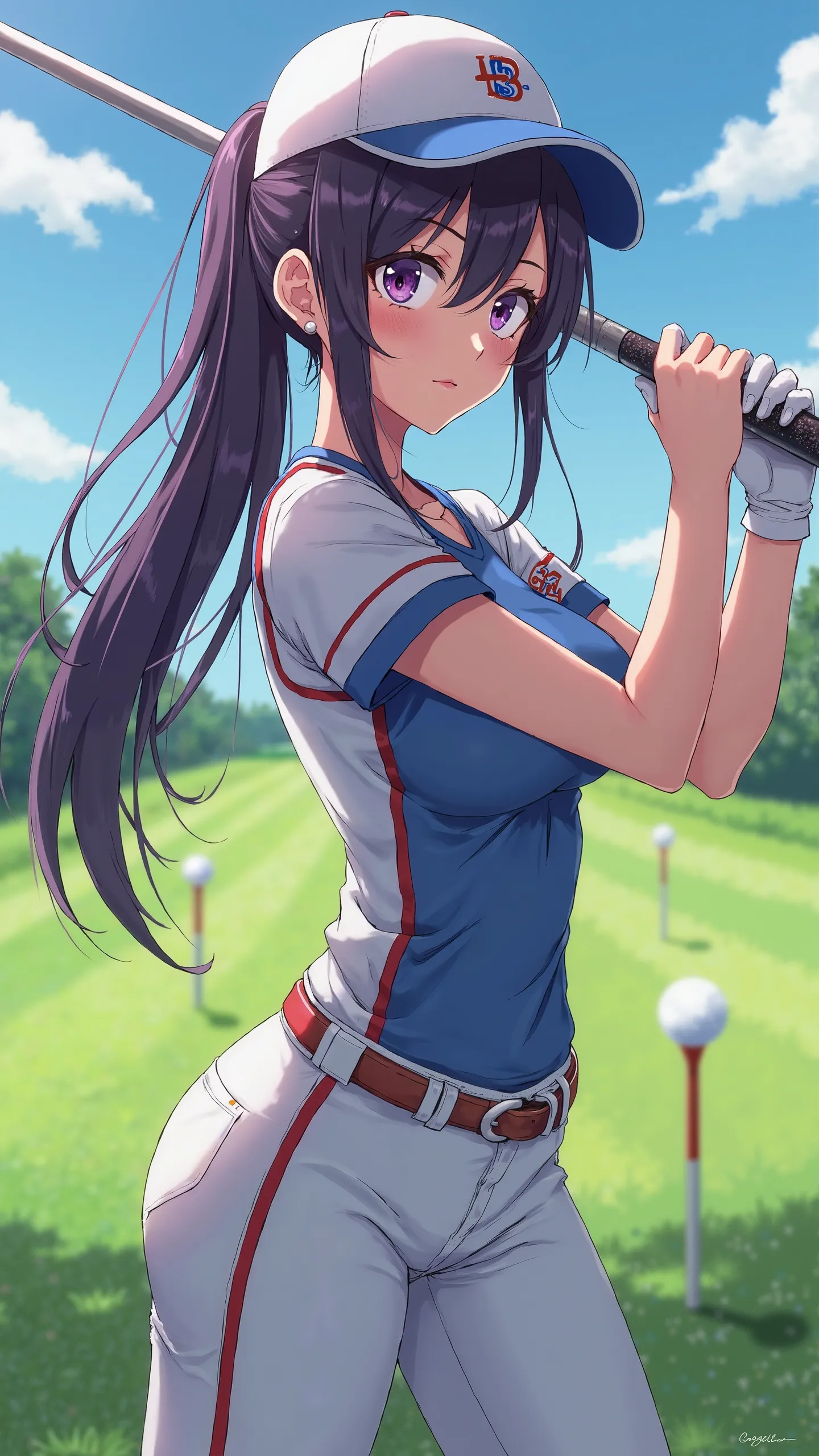 Japanese anime style、 High School Girl 、baseball tight uniform、  Baseball Cap  、Dark Purple Long Hair、single ponytail、  purple pupil、skirt、 Chest plump、driving range