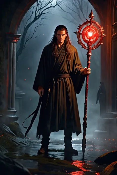 Long-white-haired man in a ponytail and red-eyed man wearing a black robe and a magic staff 