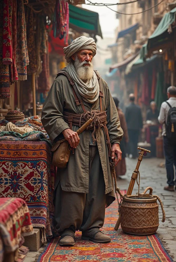 An old man selling carpet merchant 