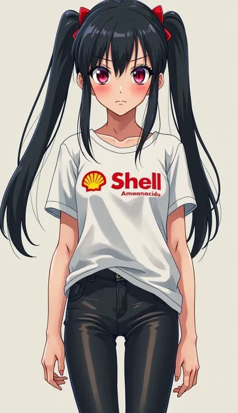 Japanese anime adolescent woman with long straight black hair with two pigtails and short locks and intense magenta eyes and wears a white t-shirt with the Shell logo and the word "Amanacido" embroidered in red, together with tight black synthetic leather ...