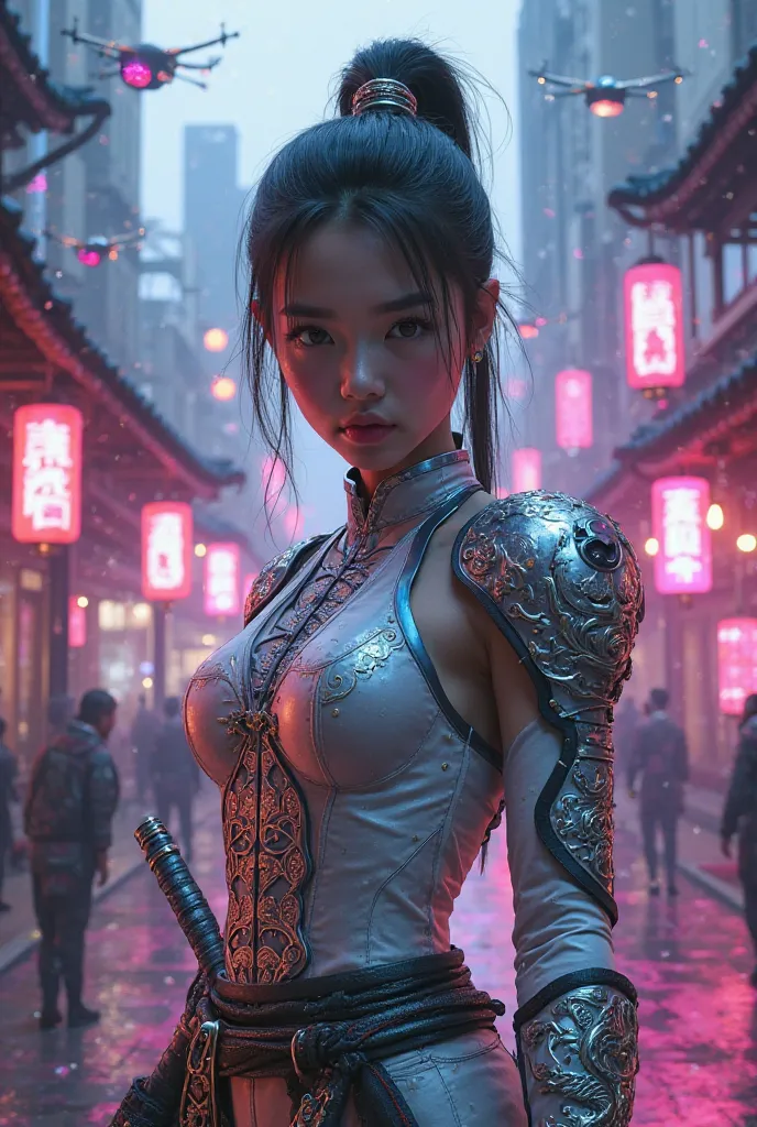 "A warrior Asian in a cyberpunk suburb of modernist architecture, where geometric concrete and glass buildings reflect neon holograms. The young girl, with delicate features but fierce eyes, wears a fitted suit of luminous panels with traditional dragon mo...