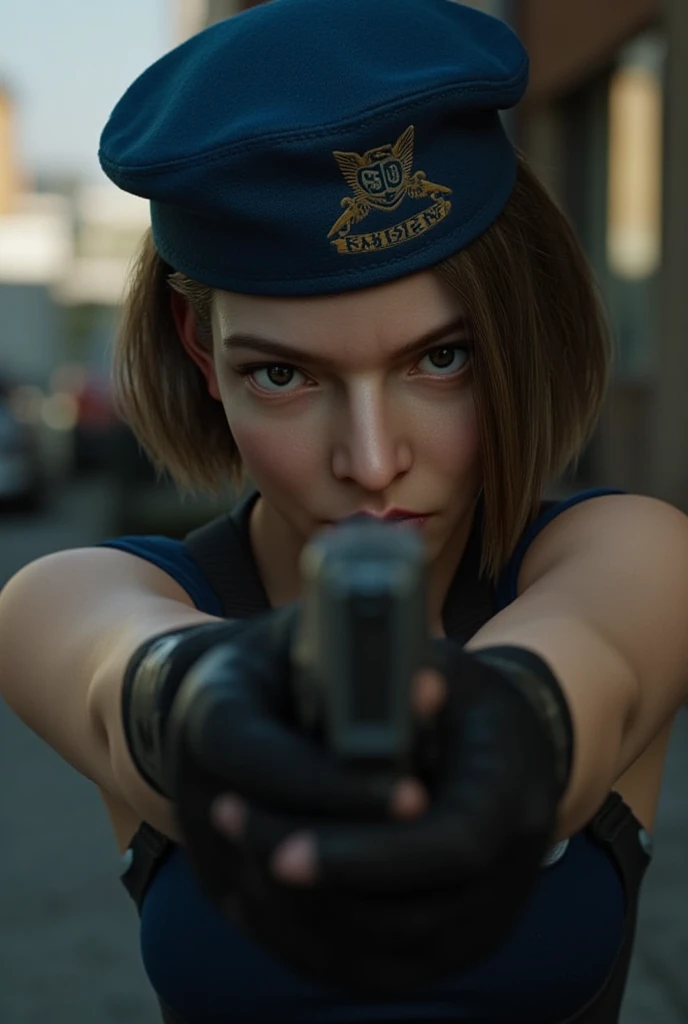 foto cinematográfica retrato de close   ((MULHEr))   Brown-haired , corte long bob e (( blue eyes)), characterized as the character from Resident Evil ((Jill Valentine)) regata azul tomara que caia, Dark blue cargo pants,  fingerless black gloves , Black M...