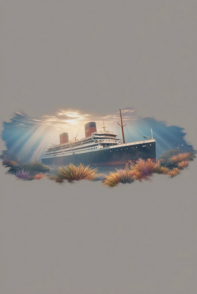  rusty，Of a giant cruise ship from the early 20th century，At the bottom of the sea， ultra-realistic style。