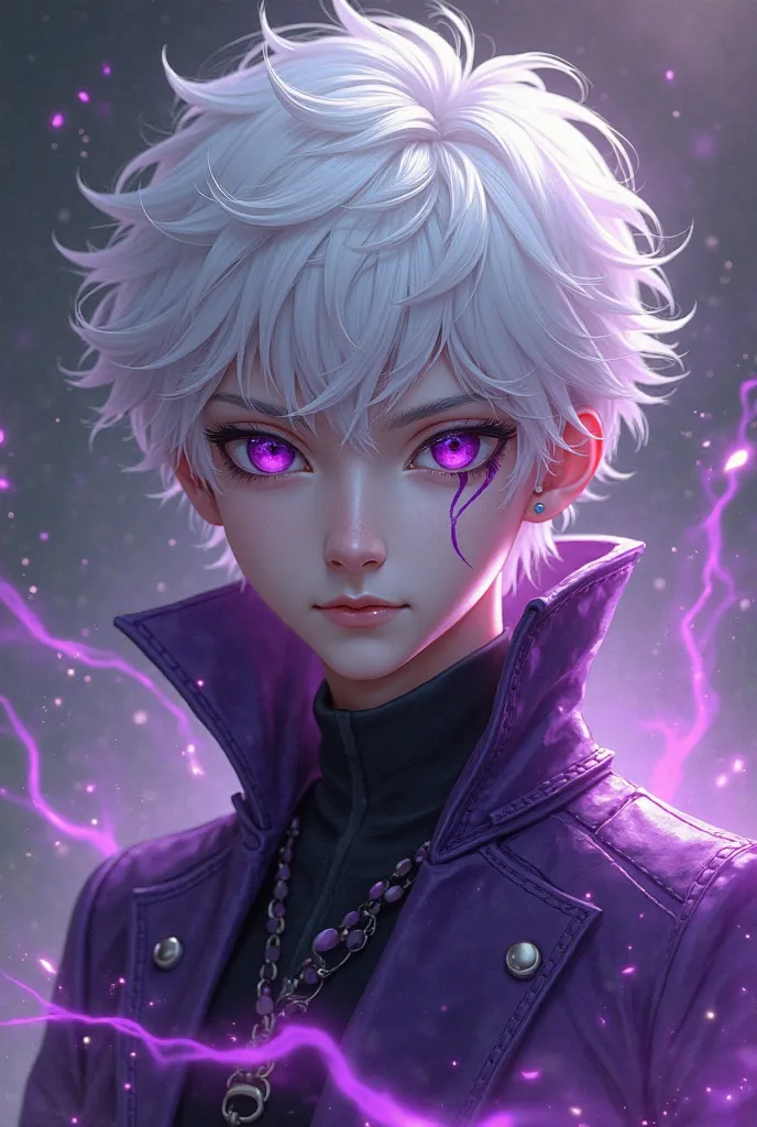 First, generate a white haired boy, with a purple mark under his eye, purple clothing with some black, one purple eye and one withe eye, white skin, and energy aura BRUH MAKE A MASCULINE