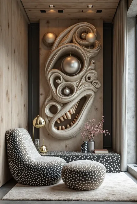 Interior Design. Grotesque pop-art. Very bright contrast tones: graphite, wood, ivory, silver, brass, chrome, bleached oak. Hypnotic, textures reminiscent of pores, dotted, ornamented chenille furniture