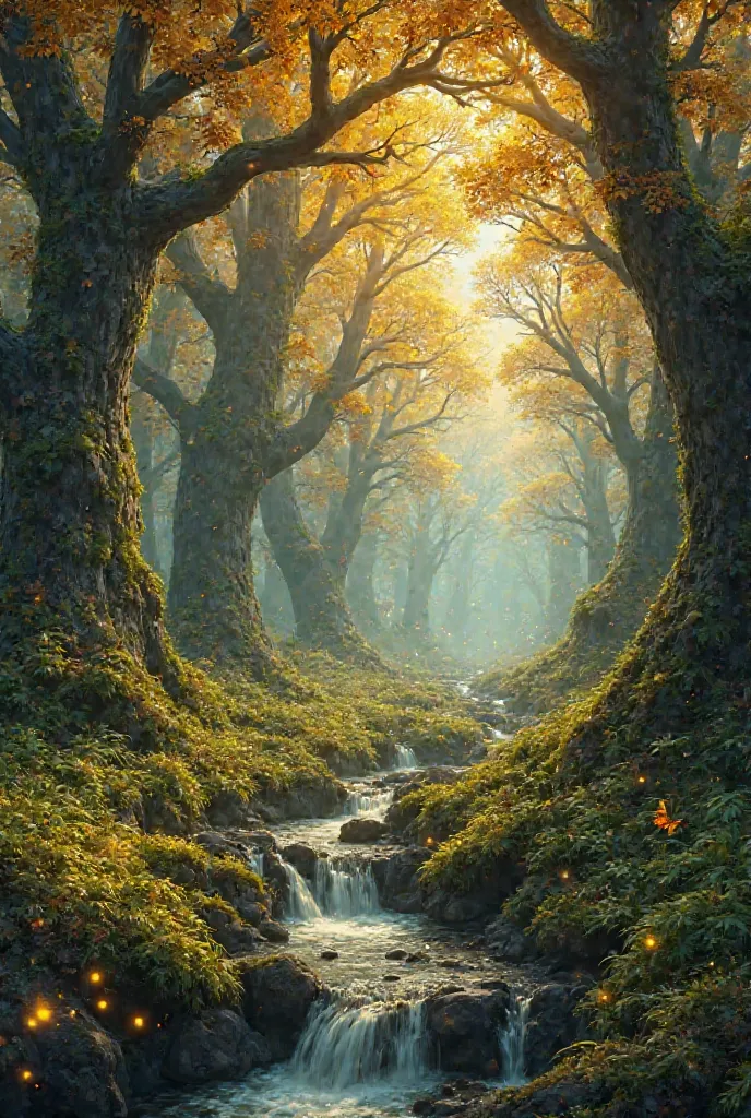 An enchanted forest illuminated by fireflies, with giant golden-leaved trees and a small crystalline stream flowing between moss-covered rocks.