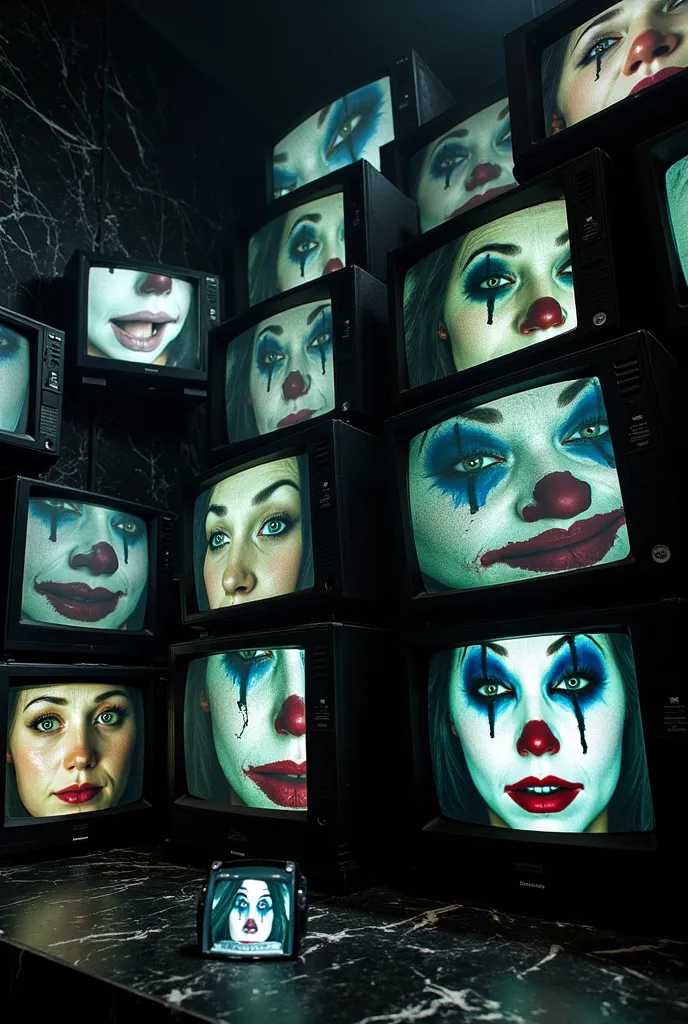 A massive **wall of old CRT televisions**, stacked chaotically in the darkness, their **flickering screens filled with grainy VHS visuals of a brunette woman in full SAD CLOWN makeup**. 

Each screen **glitches and distorts**, showing her **violently sobbi...