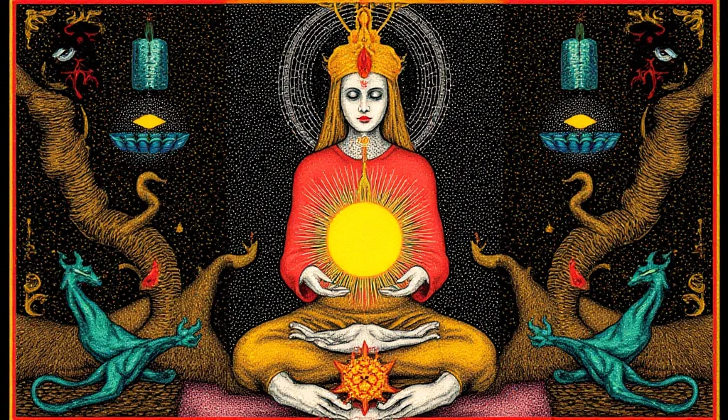 A medieval woman meditating with a light orb glowing in her hands. 


 psychedelic cosmic horror , por Hiroshi Nagai, paul laffoley , mystical, supernatural visuals, psychedelic illustration, Mystic eye, empty eyes,  psychedelic art, colorfull