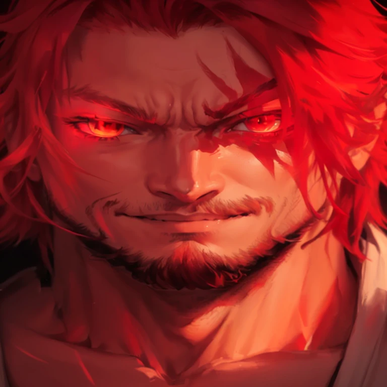 a close up of a real man with red hair and a beard, portrait de shanks le roux, avatar image, crimson fire head, profile real man, fully red eyes no pupils, akiyuki shinbou, oda non, ichigo kurosaki, roguish smirk, 8k , kakyoin, his eyes glowing red, his e...