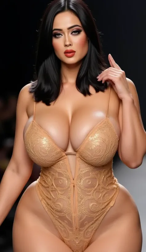 Full length portrait of a beautiful female curvy model, black hair, smooth skin, blue eyes, fantasy makeup, red lips, dressed in high fashion designer golden lace lingerie on a catwalk with a sensual and sexy pose. realistic, in Super 8K, super detailed sc...