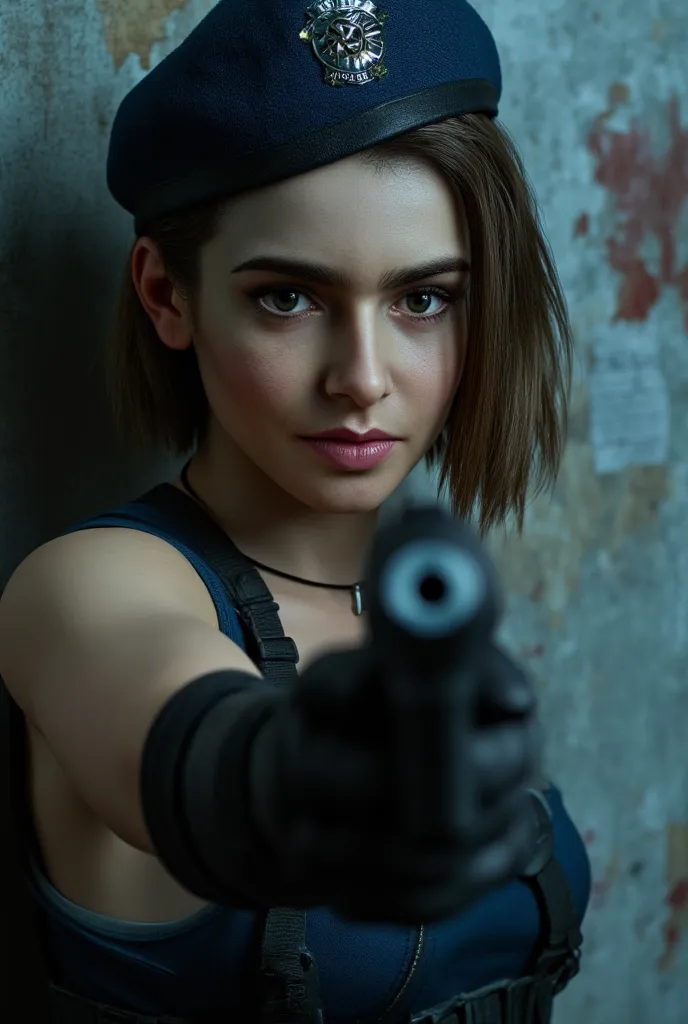 foto cinematográfica retrato de close   ((MULHEr))   Brown-haired , corte long bob e (( blue eyes)), characterized as the character from Resident Evil ((Jill Valentine)) regata azul tomara que caia, Dark blue cargo pants,  fingerless black gloves , Black M...