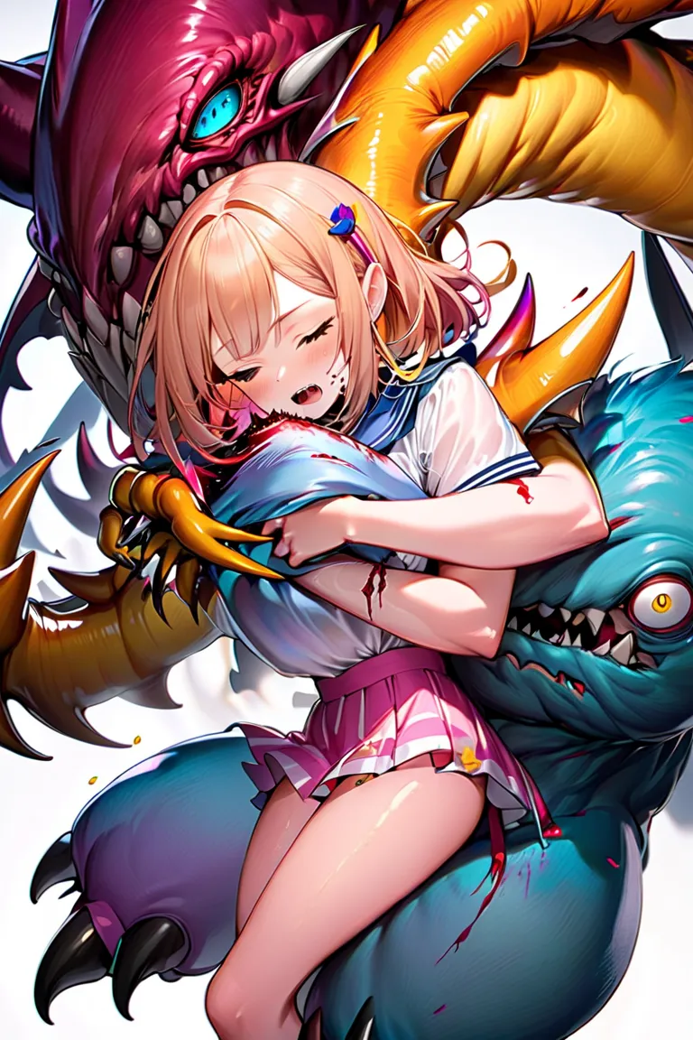  Highest quality、((Ultra Fine Illustration)),(The girl&#39;s whole body is visible、 Anime Girl 、Monsters bodylock a girl,A monster is crushing a girl,A monster is stabbing a girl with its claws:1.9), high definition,  Anime Girl 、cute、detailed skin texture...