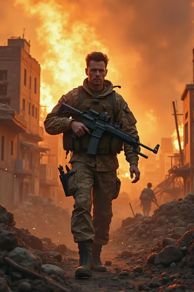 Medium build white American male with fluffy brown hair and clean shaven wearing military camo walking through a burning village in Afghanistan holding a gun 