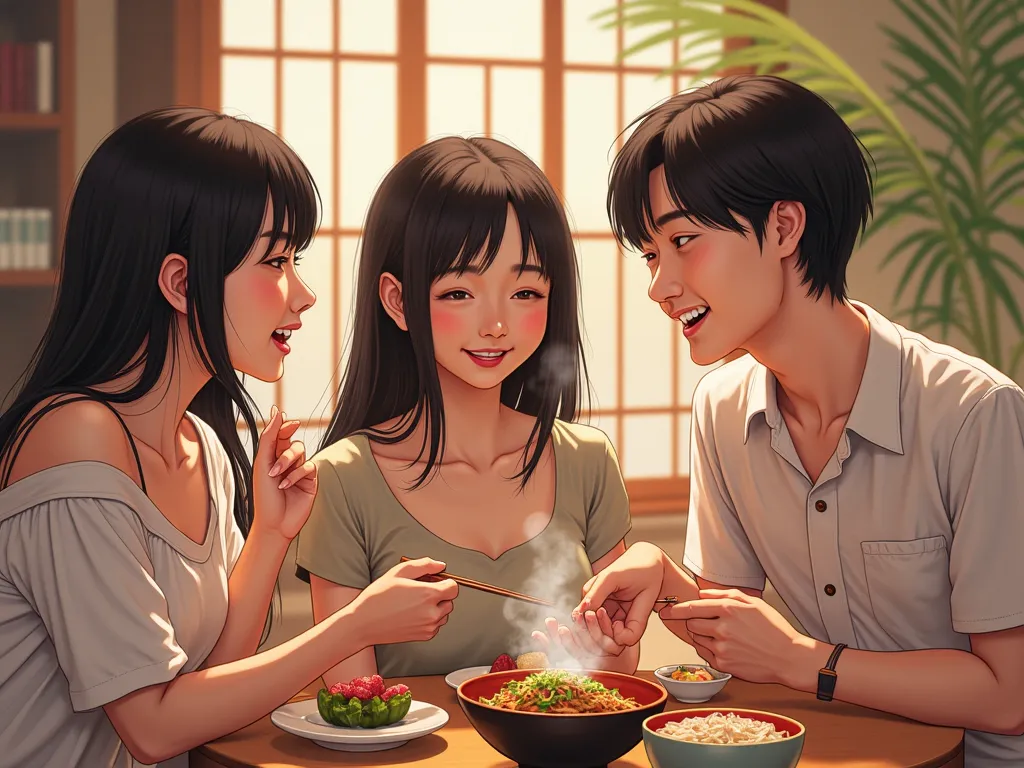 3 young Japanese men and women having a meal