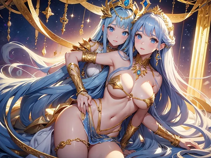 Greek mythology、Princess Andromeda 、 wears gold and silver accessories with jewels on top of her nakedness、big breasts、 Slim waist、Chained on one&#39;s back、One person、 M-shaped leg opening、Golden curly hair、Chained to a rock in the sea、