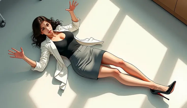 (nsfw:1.9),  Full body image seen from directly above  ,looking at the camera, lying on the office floor ,(((Attitudes to greet men:1.4))),{{{,    Her perfectly flat chest    :1.3}}},  Tsurpetaを見ながら,((   White office jacket   、black shirt、 knee-length gray...