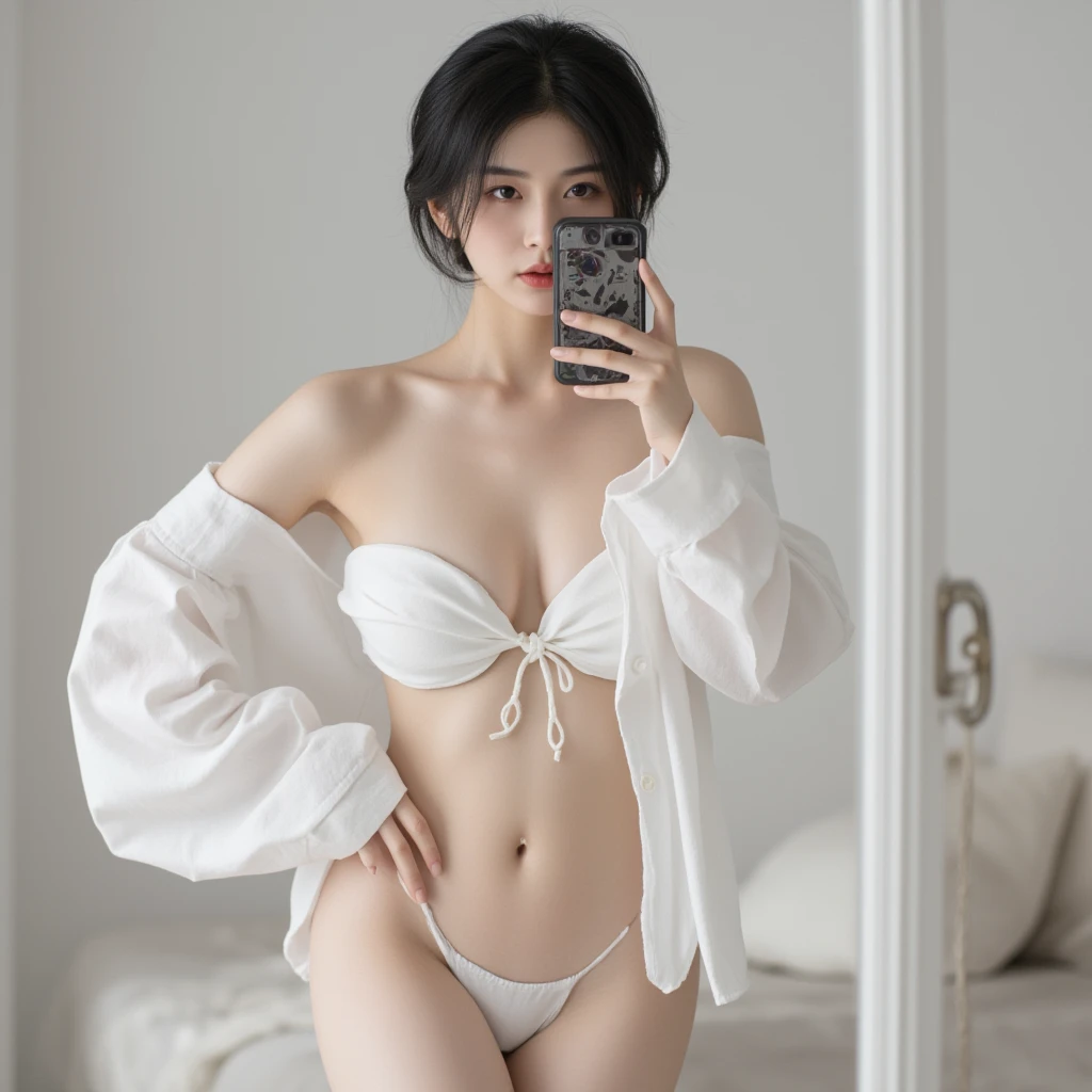 Japanese woman, early 20s, short sleek black hair, standing confidently in front of a mirror, taking a bold selfie with her smartphone, partially hiding her face behind the phone, wearing an off-shoulder white blouse and lace-up bikini bottom, looking into...